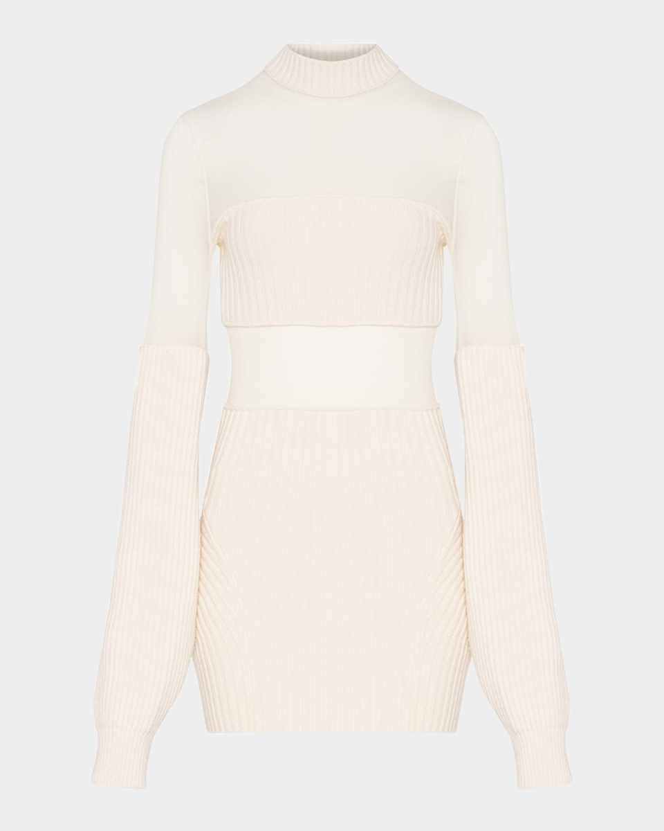 Mesh Cutout Ribbed Knit Long-Sleeve Mini Dress